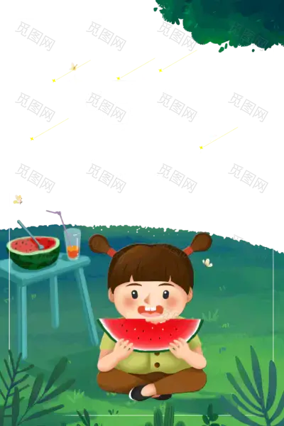 夏至丸子头女孩吃西瓜.