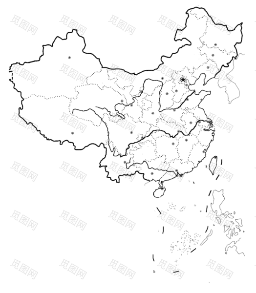 中国地图黑色线描区域分布